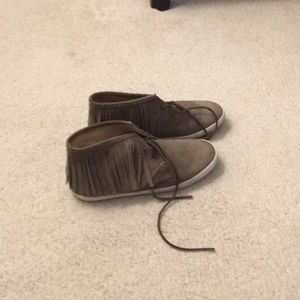 Frye taupe suede sneaker booties with tassels